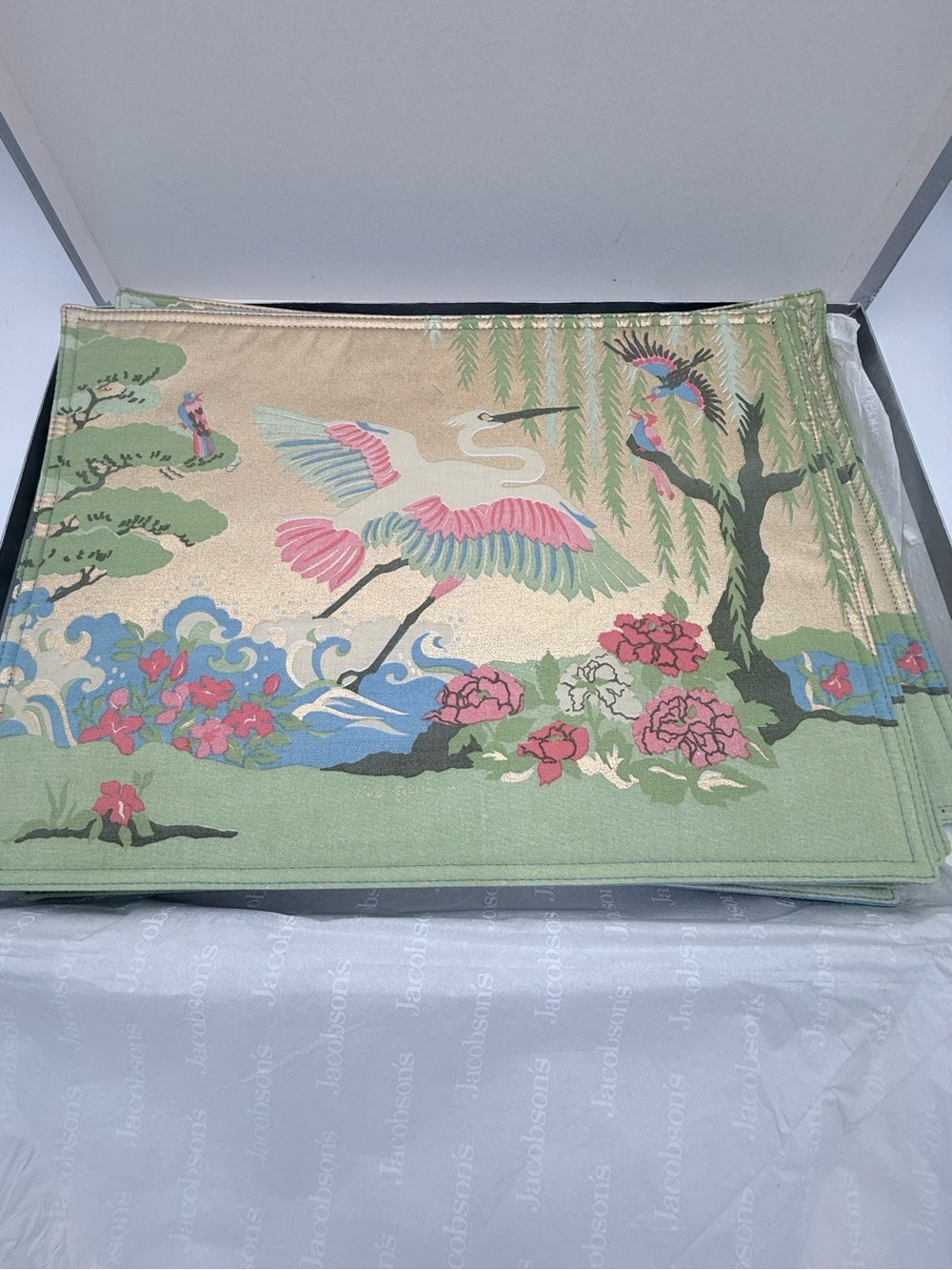 Vtg Set of 6 JACOBSON'S Japanese Chinoiserie Placemats Woven Crane Heron In Box